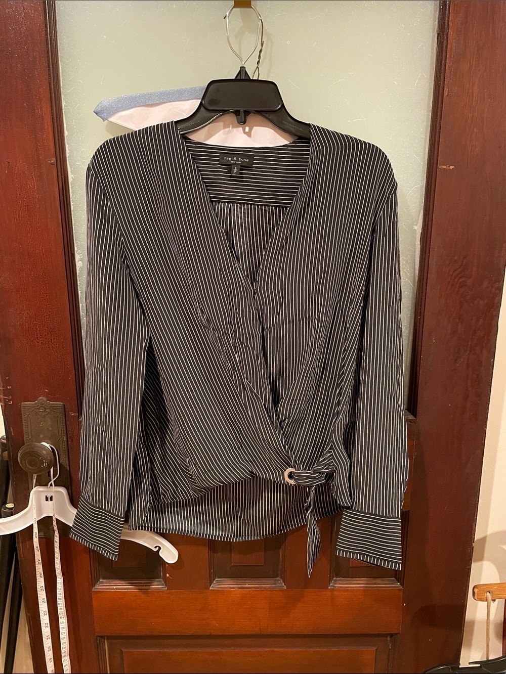 rag & bone Black Pinstripe Faux Wrap Blouse with Tie